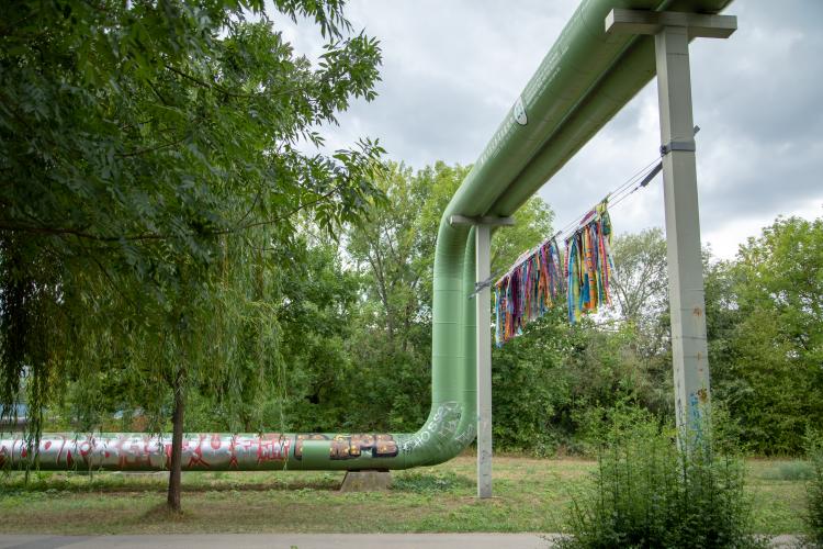 Zum Teil grün gestrichene Fernwärmeleitungen im Paradiespark in Jena