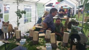 Blick auf den Stand des Forstamtes: im Vordergrund verschiedene Holzarten, ein ausgestopfter Fuchs und Dachs, dahinter Mitarbeiter des Forstamtes