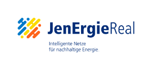 Das ist das Logo von JenErgieReal, welches den Schriftzug JenErgieReal, farbige Grafikelemente sowie den Schriftzug Intelligente Netze für nachhaltige Energie enthält