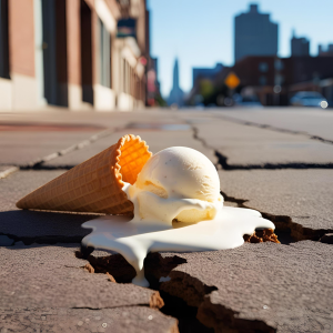 Auf dem Asphalt liegendes Eis in der Wa<ffel, das gerade schmilzt.