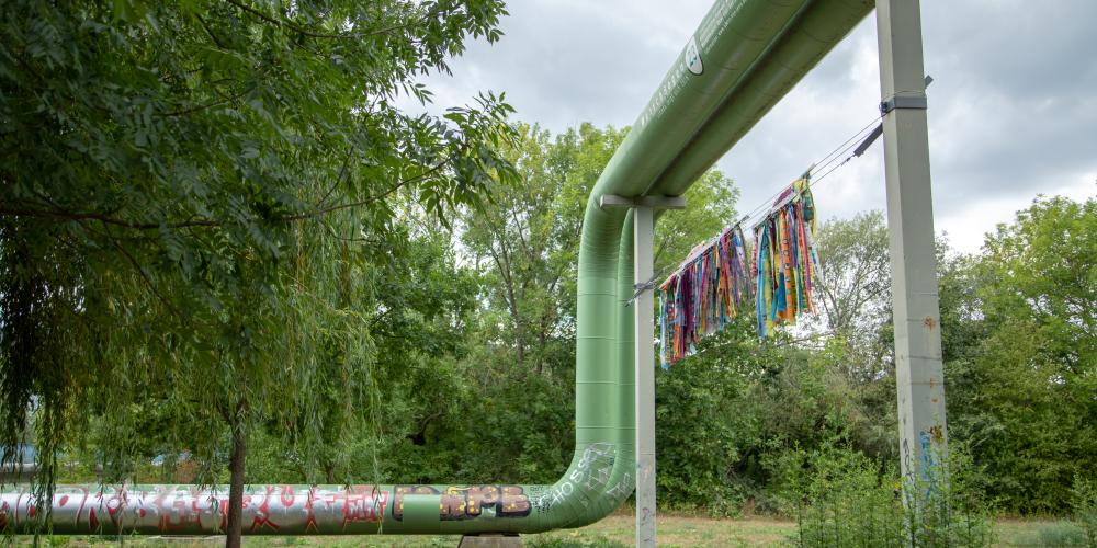 Zum Teil grün gestrichene Fernwärmeleitungen im Paradiespark in Jena