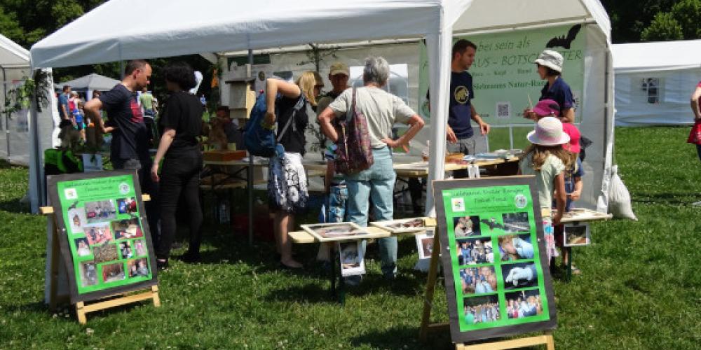 weißer Pavillon mit interessierten Menschen darunter und 2 Aufstellern davor